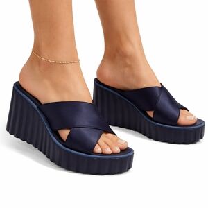Tory Burch Platform Slide Sandals Navy Satin Scalloped Wedge Size 10M